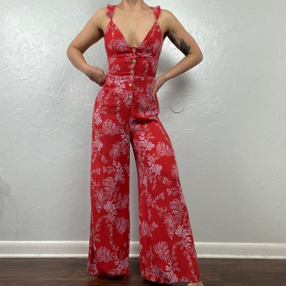 Free People Pants - Free People Be The One Jumpsuit Romper red wide leg size 0